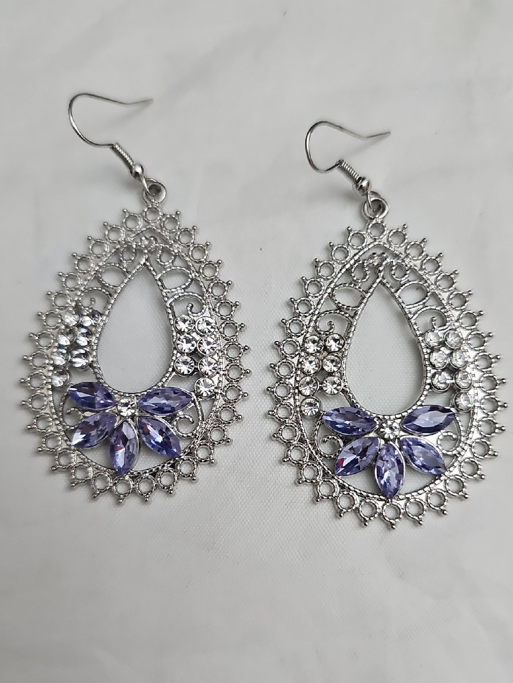 Silver Teardrop Earrings with Lavender Crystals